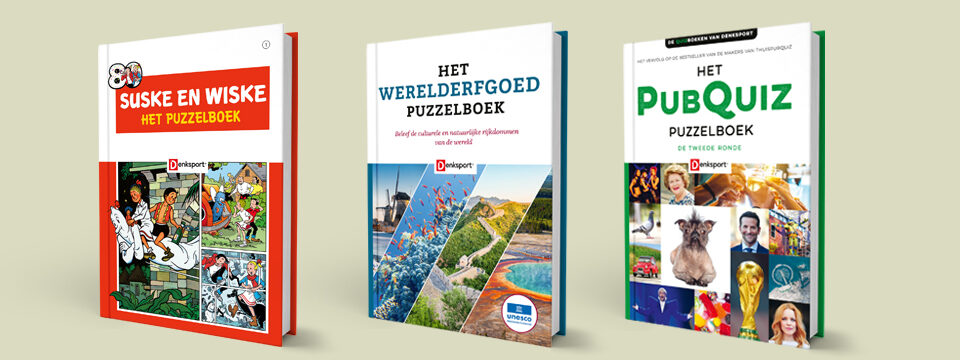 Suske en Wiske puzzelboek, Het Werelderfgoed puzzelboek en Het Pubquiz 2 puzzelboek van Denksport