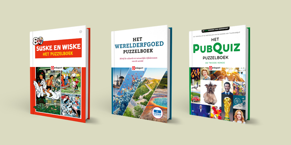 Suske en Wiske puzzelboek, Het Werelderfgoed puzzelboek en Het Pubquiz 2 puzzelboek van Denksport